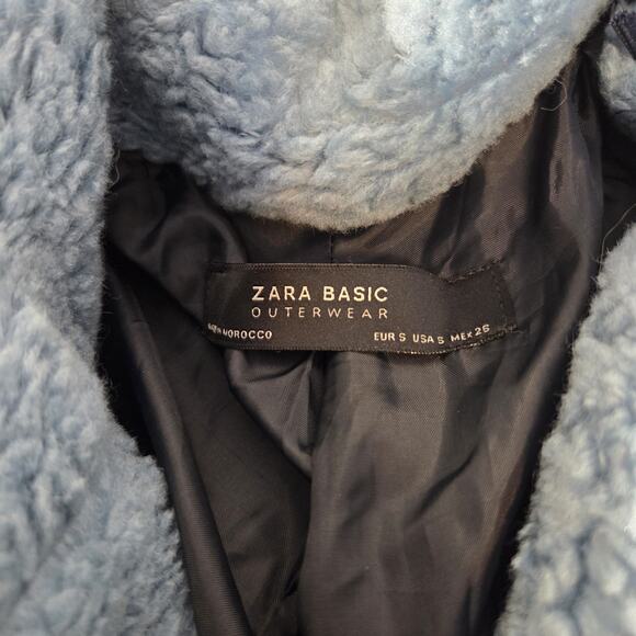Zara Teddy Coat Womens S Blue Double Breasted Mid Length Faux Pockets Faux Fur - Picture 10 of 10